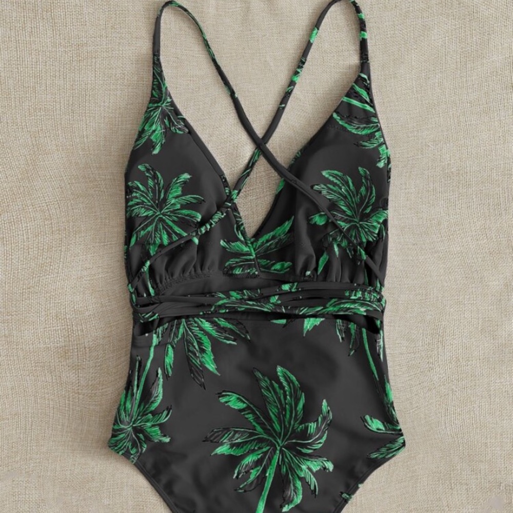 Tropical Tie Front Plunging One Piece Swimsuit